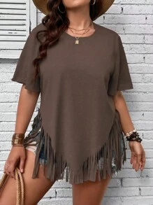 SHEIN Holidaya Áo thun Plus size mép màu trơn Giải trí - màu nâu - Xem 3