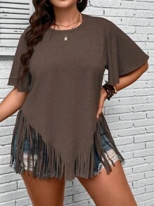 SHEIN Holidaya Áo thun Plus size mép màu trơn Giải trí - màu nâu - Xem 5