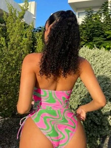 Swim EVENT Allover Print Drawstring Side Bandeau One Piece Swimsuit With Hair Bandeau For Summer Beach Vacation