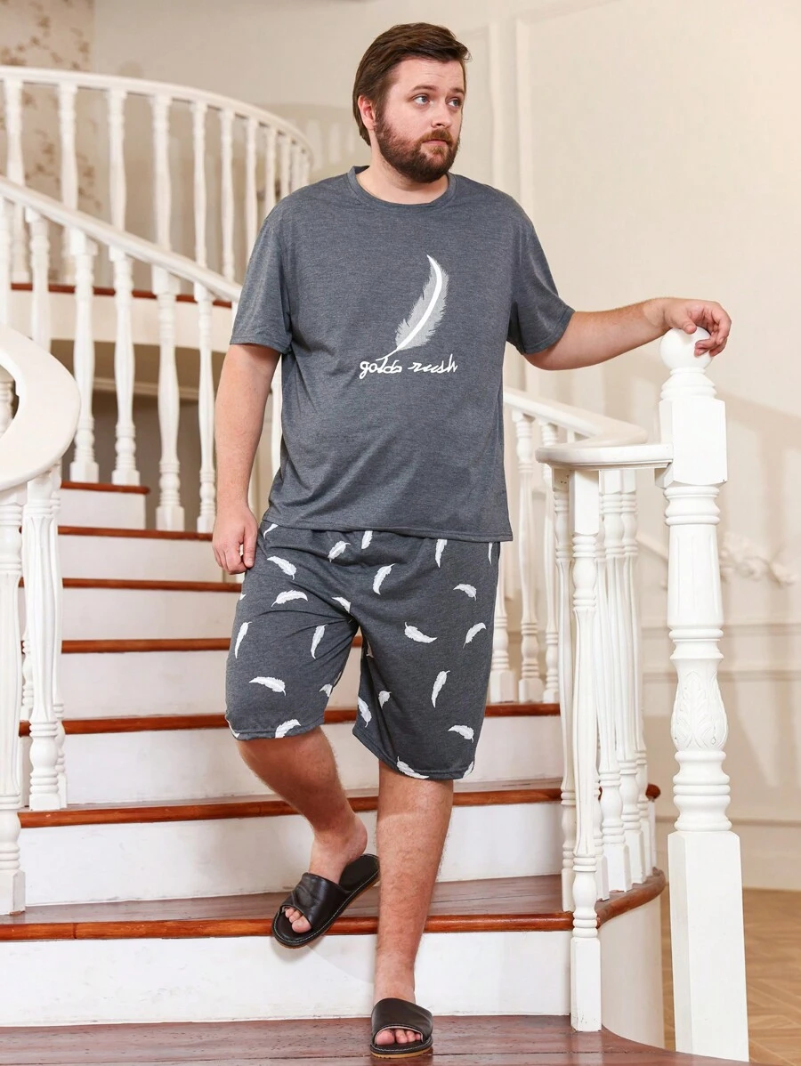 Men Feather & Letter Graphic PJ Set - Grey - View 1