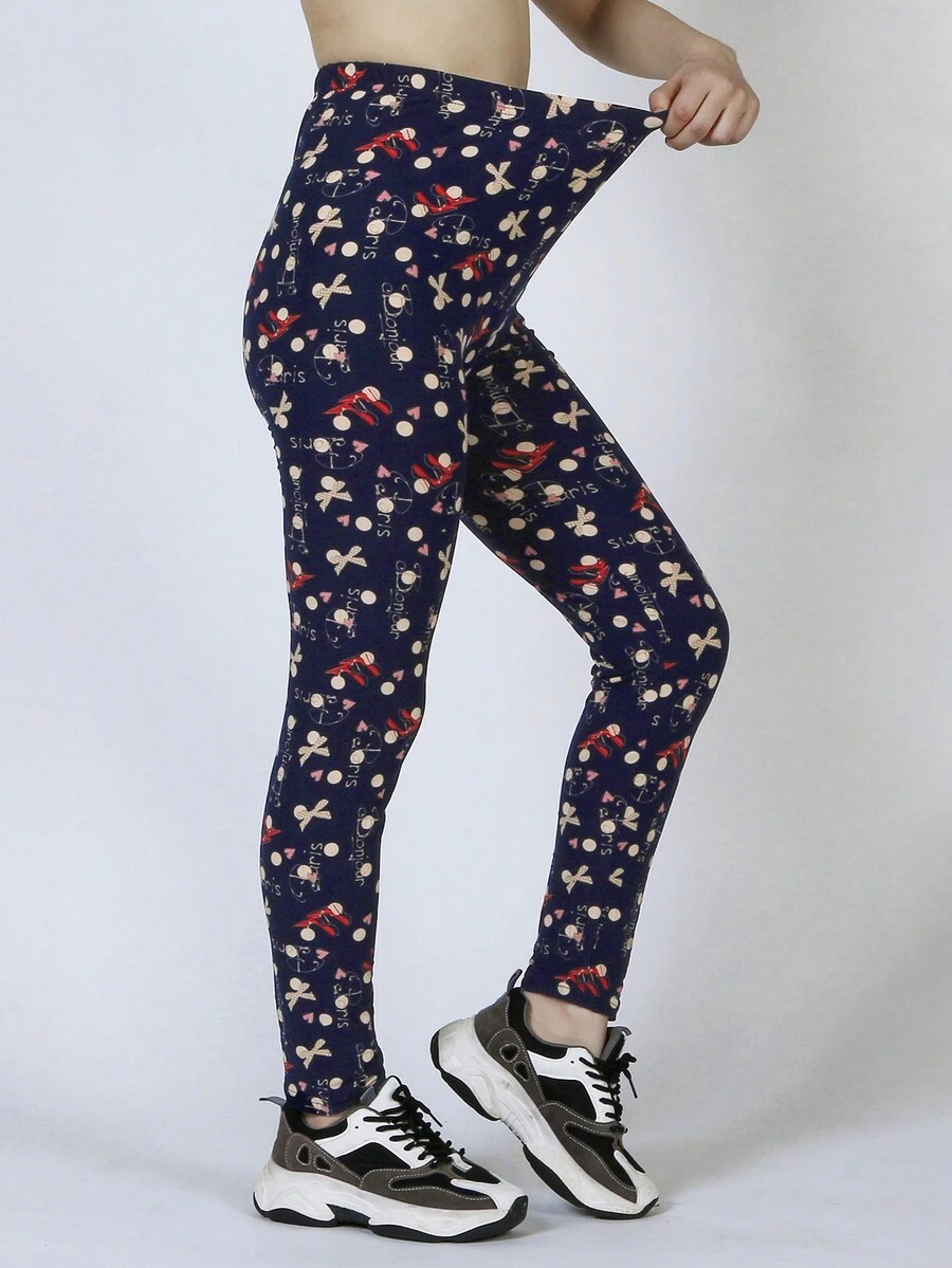 滿版印花緊身打底褲 - 藏蓝色 - 查看 1