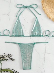 Swim Vcay Summer Beach Metallic Halter Triangle Bikini Set
