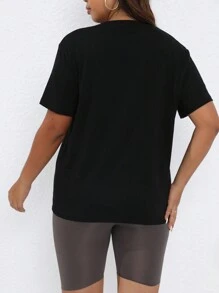 SHEIN EZwear Áo thun Plus size Hoạt hình Slogan Giải trí - màu đen - Xem 2