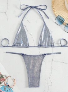 Bañador bikini triángulo halter de color metálico - Morado - Ver 8