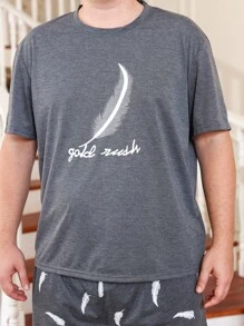 Men Feather & Letter Graphic PJ Set - Grey - View 4