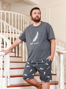 Men Feather & Letter Graphic PJ Set - Grey - View 5