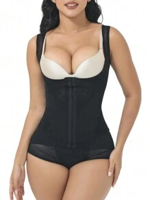 蕾絲拼接腰封式塑身衣套裝 - 黑色 - 查看 5