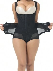 蕾絲拼接腰封式塑身衣套裝 - 黑色 - 查看 3