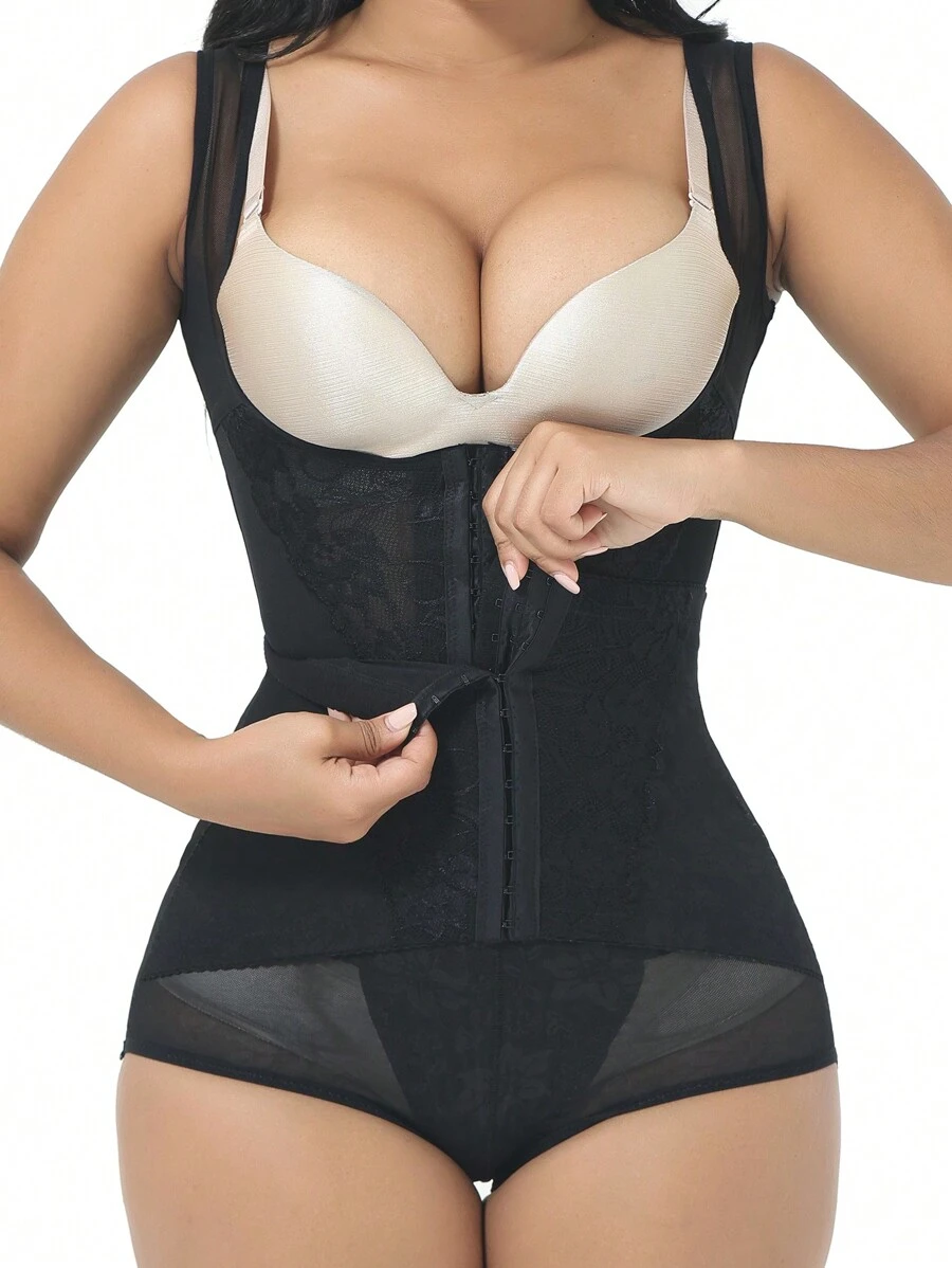 蕾絲拼接腰封式塑身衣套裝 - 黑色 - 查看 1