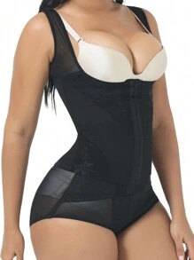 蕾絲拼接腰封式塑身衣套裝 - 黑色 - 查看 6