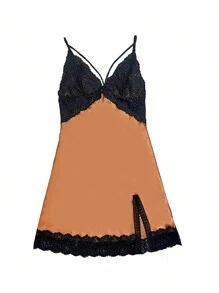 Váy ngủ & áo ngủ Nữ Lộ Lưng Tương phản ren Nơ trước Khối Màu - Lạc đà - Xem 6
