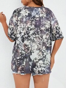 SHEIN LUNE Plus Tie Dye & Letter Graphic Drop Shoulder Tee - Multicolor - View 2