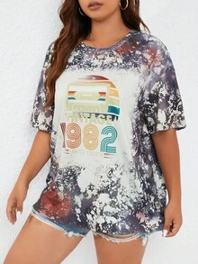 SHEIN LUNE Plus Tie Dye & Letter Graphic Drop Shoulder Tee - Multicolor - View 5