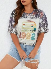 SHEIN LUNE Plus Tie Dye & Letter Graphic Drop Shoulder Tee - Multicolor - View 8