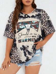 SHEIN LUNE Plus Leopard & Letter Graphic Drop Shoulder Tee - Multicolor - View 3