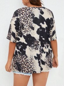 SHEIN LUNE Plus Leopard & Letter Graphic Drop Shoulder Tee - Multicolor - View 2