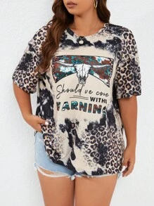 SHEIN LUNE Plus Leopard & Letter Graphic Drop Shoulder Tee - Multicolor - View 4