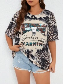 SHEIN LUNE Plus Leopard & Letter Graphic Drop Shoulder Tee - Multicolor - View 5