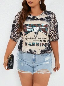 SHEIN LUNE Plus Leopard & Letter Graphic Drop Shoulder Tee - Multicolor - View 8