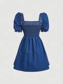 SHEIN MOD 方領泡泡袖前紐扣牛仔裙 - 深色水洗藍 - 查看 2