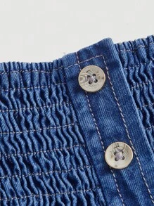 SHEIN MOD 方領泡泡袖前紐扣牛仔裙 - 深色水洗藍 - 查看 4