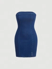 SHEIN MOD Split Hem Tube Denim Dress - Dark Wash - View 1