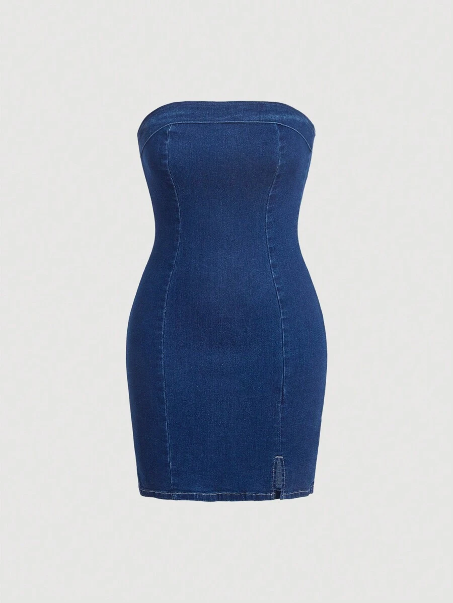 SHEIN MOD Split Hem Tube Denim Dress - Dark Wash - View 1