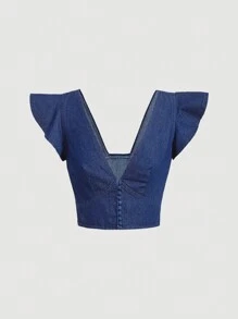 SHEIN MOD Cổ Lao áo tay bướm Áo Crop  Denim - Rửa tối - Xem 1