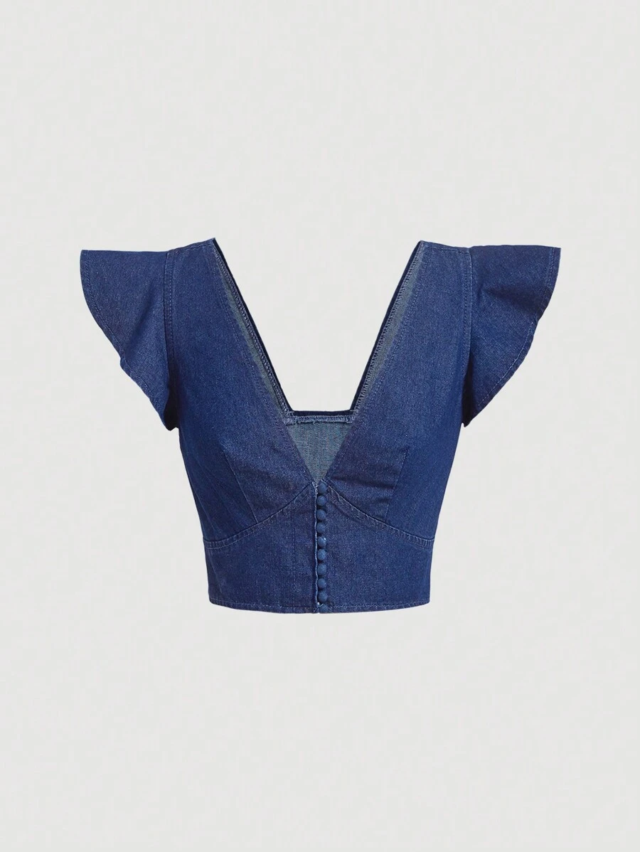 SHEIN MOD Cổ Lao áo tay bướm Áo Crop  Denim - Rửa tối - Xem 1