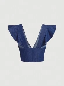 SHEIN MOD Cổ Lao áo tay bướm Áo Crop  Denim - Rửa tối - Xem 2