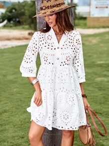 GENKIRA Đầm Viên lá sen Nút phía trước Tranh thêu màu trơn Boho - trắng - Xem 1