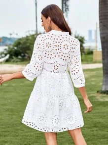 GENKIRA Đầm Viên lá sen Nút phía trước Tranh thêu màu trơn Boho - trắng - Xem 2