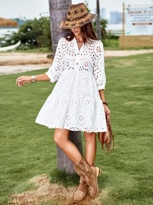 GENKIRA Đầm Viên lá sen Nút phía trước Tranh thêu màu trơn Boho - trắng - Xem 3