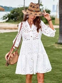 GENKIRA Đầm Viên lá sen Nút phía trước Tranh thêu màu trơn Boho - trắng - Xem 4