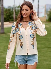 SHEIN VCAY Floral Print Button Front Blouse - Multicolor - View 3