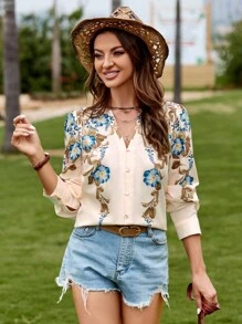 SHEIN VCAY Floral Print Button Front Blouse - Multicolor - View 4
