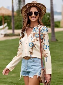 SHEIN VCAY Floral Print Button Front Blouse - Multicolor - View 6