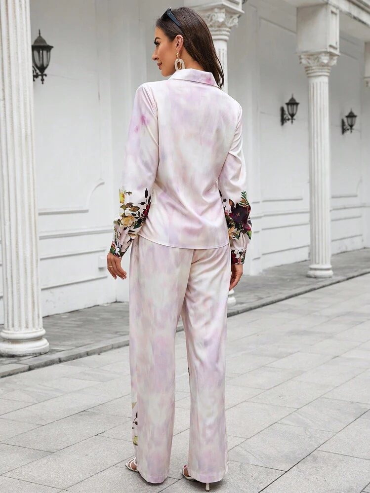 SHEIN LUNE พิมพ์ลาย ดอกไม้ เสื้อเชิ้ต & กางเกงทรงตรง - มัลติคัลเลอร์ - ดู 2