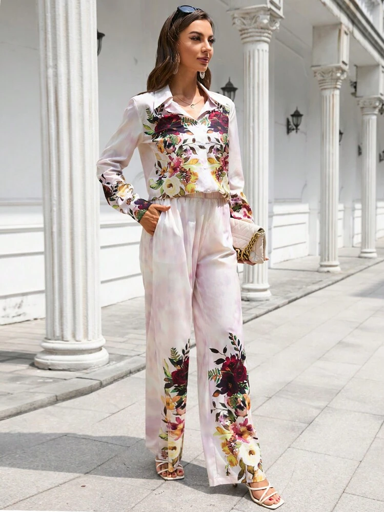 SHEIN LUNE พิมพ์ลาย ดอกไม้ เสื้อเชิ้ต & กางเกงทรงตรง - มัลติคัลเลอร์ - ดู 3