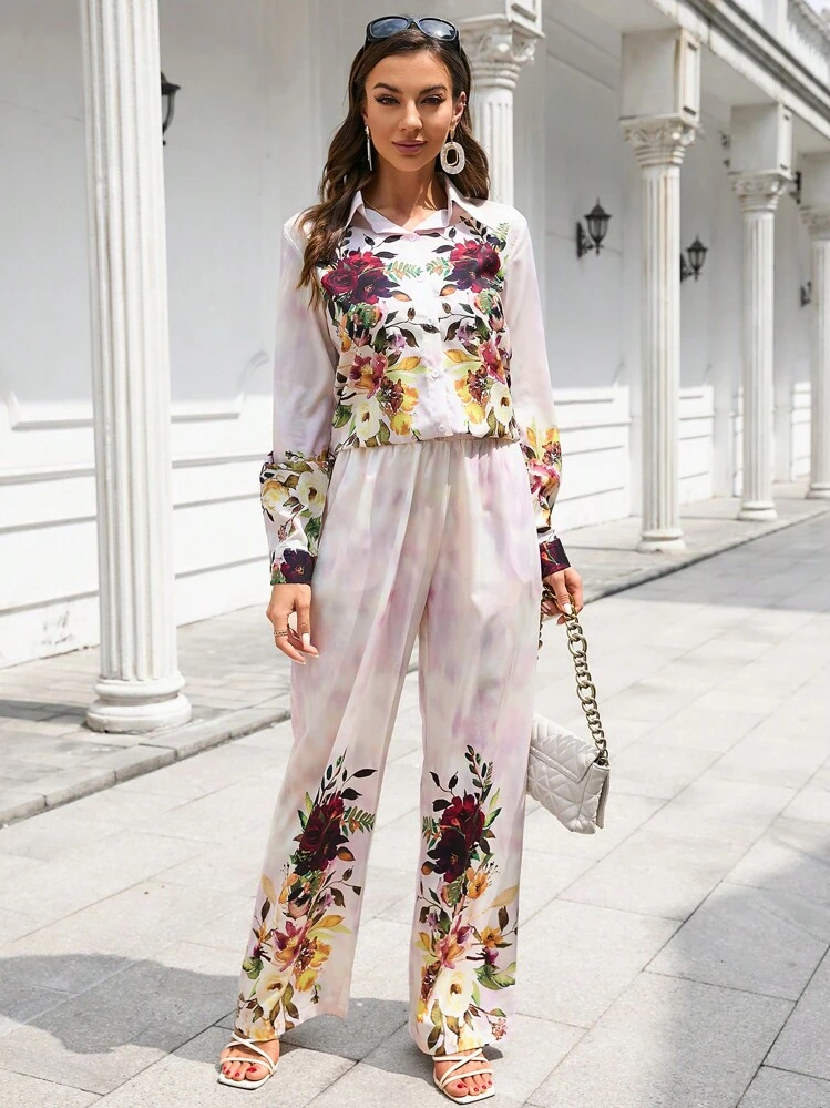 SHEIN LUNE พิมพ์ลาย ดอกไม้ เสื้อเชิ้ต & กางเกงทรงตรง - มัลติคัลเลอร์ - ดู 6