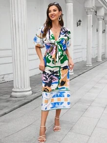 GENKIRA Đầm Thắt nơ trước Đồ họa Boho - Nhiều màu - Xem 4