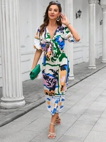 GENKIRA Đầm Thắt nơ trước Đồ họa Boho - Nhiều màu - Xem 5