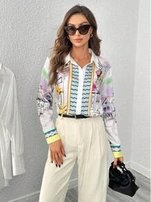 SHEIN Privé Áo sơ mi nữ Nút phía trước Hình học Đồ họa Giải trí - Màu vàng - Xem 1