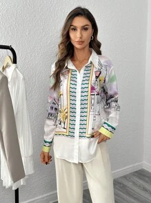 SHEIN Privé Áo sơ mi nữ Nút phía trước Hình học Đồ họa Giải trí - Màu vàng - Xem 3