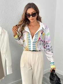 SHEIN Privé Áo sơ mi nữ Nút phía trước Hình học Đồ họa Giải trí - Màu vàng - Xem 4