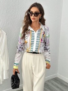 SHEIN Privé Áo sơ mi nữ Nút phía trước Hình học Đồ họa Giải trí - Màu vàng - Xem 5