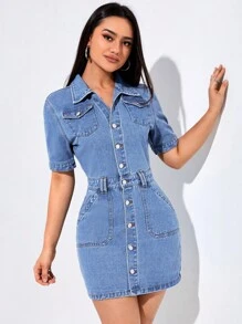SHEIN Essnce Vestido mezclilla con bolsillo con solapa con botón delantero - Lavado ligero - Ver 4