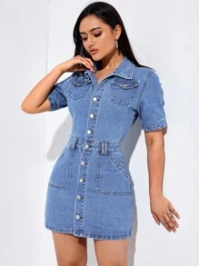 SHEIN Essnce Vestido mezclilla con bolsillo con solapa con botón delantero - Lavado ligero - Ver 5