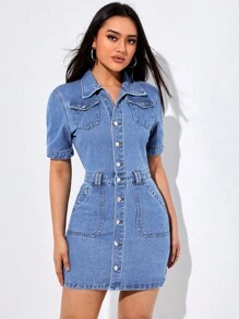 SHEIN Essnce Vestido mezclilla con bolsillo con solapa con botón delantero - Lavado ligero - Ver 6