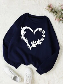 SHEIN EZwear 愛心圖案加絨內裏運動衫 - 藏蓝色 - 查看 1